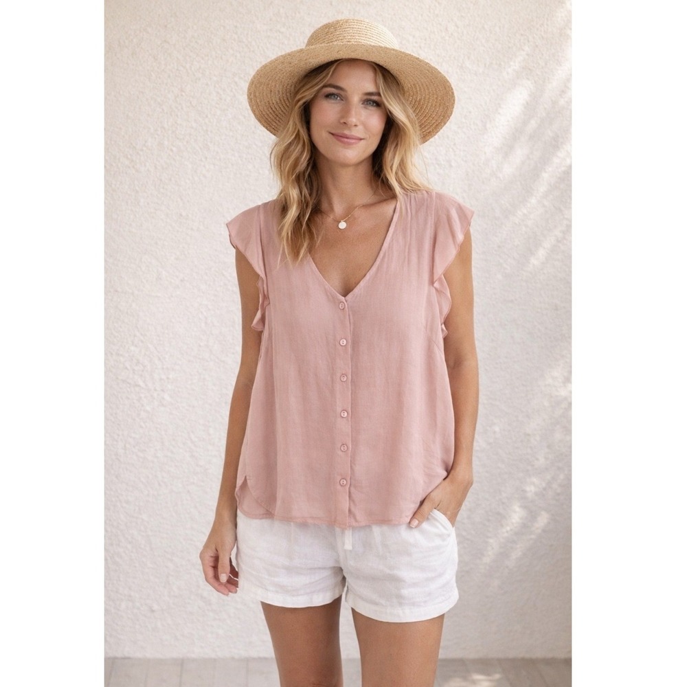 Astrid Button Down Ruffle Sleeve Blouse Top S Pink Made‎ in Italy